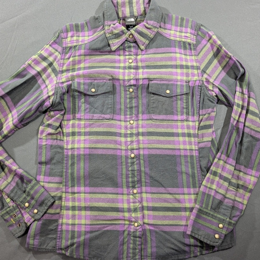 The North Face Womens Plaid Flannel Shirt Purple Green Snap Front Medium